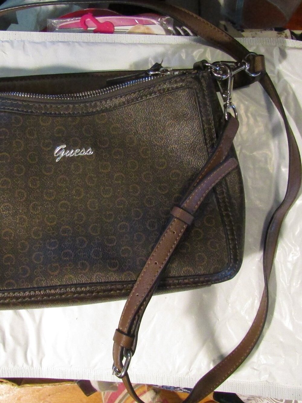 GUESS MONOGRAM Brown Logo CROSSBODY BAG EUC Purse Dual Straps